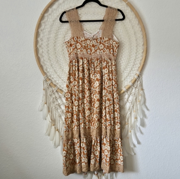 Floral-Print Lace-Trimmed Cotton Twill Midi Dress in Brown Cottagecore Prarie M - Picture 6 of 13